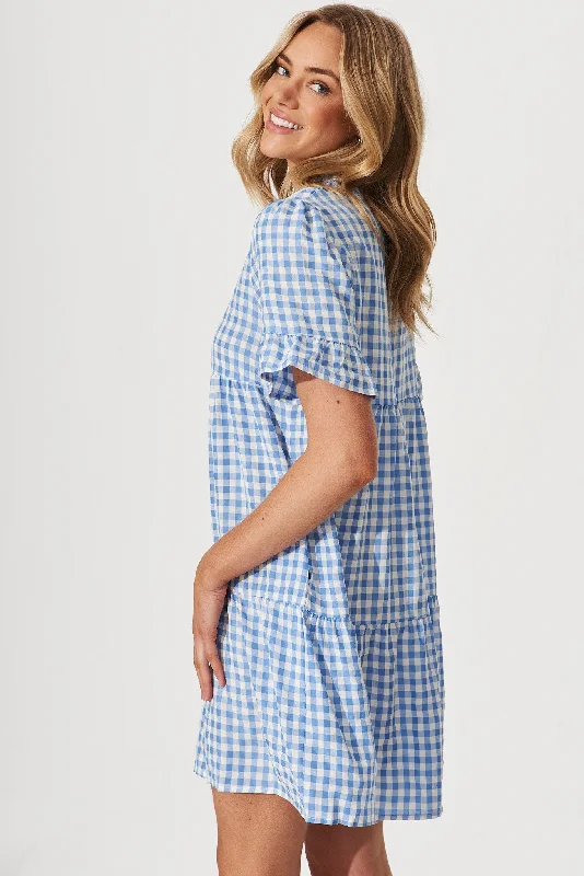 Danna Smock Dress In Blue And White Gingham Cotton Blend