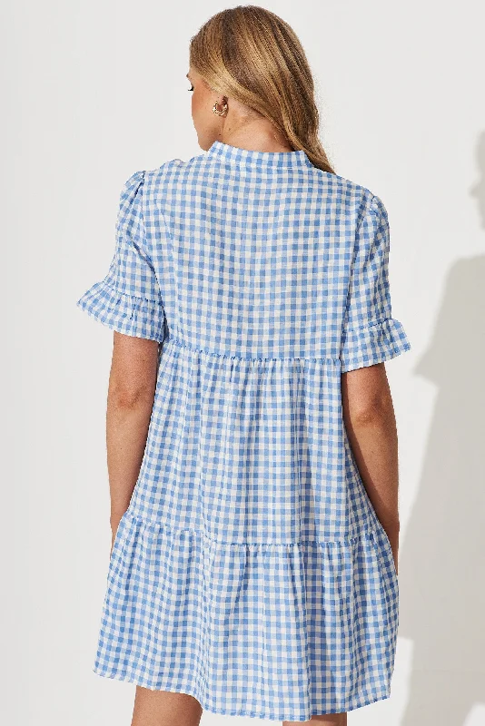 Danna Smock Dress In Blue And White Gingham Cotton Blend