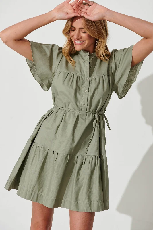 Darling Dress In Khaki Linen Cotton Blend