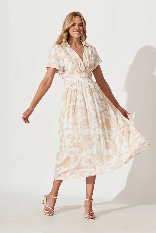 Dear John Midi Dress In Beige And White Print