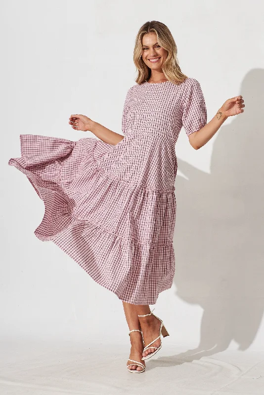 Ellalong Midi Dress In Pink With Black Check