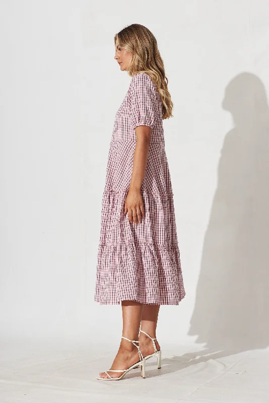 Ellalong Midi Dress In Pink With Black Check