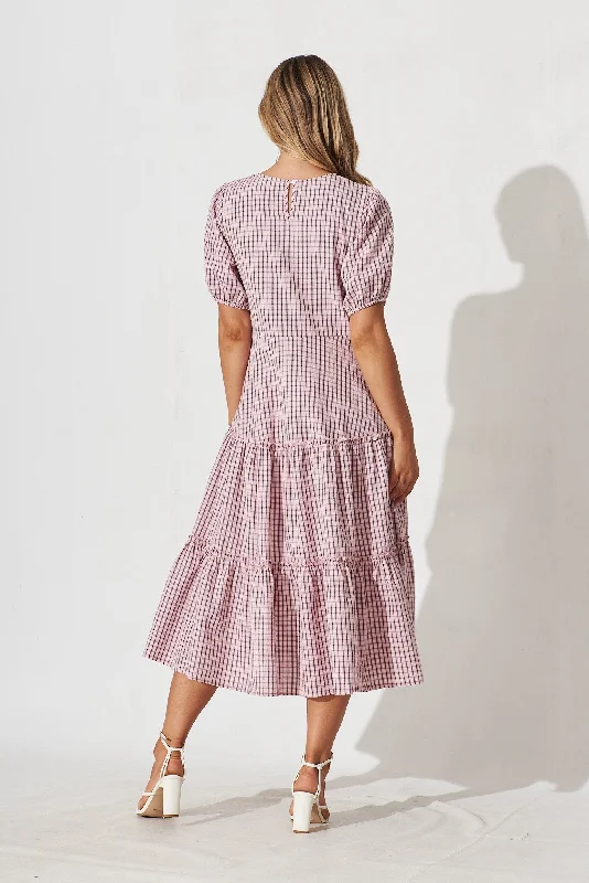 Ellalong Midi Dress In Pink With Black Check