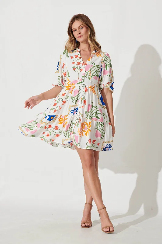 Emelyn Smock Dress In White With Bright Flowers