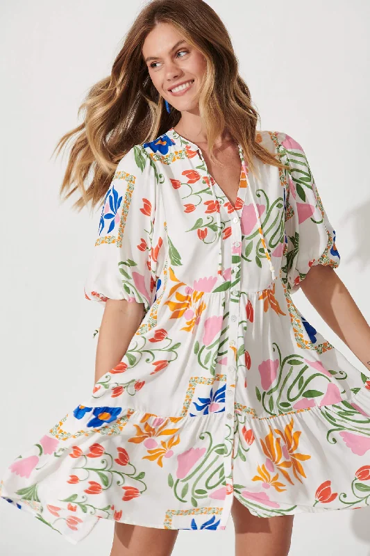 Emelyn Smock Dress In White With Bright Flowers