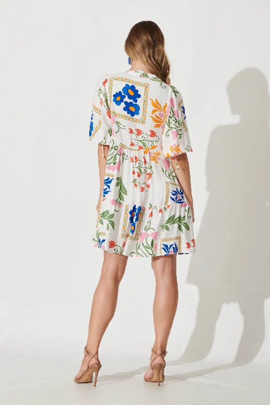 Emelyn Smock Dress In White With Bright Flowers