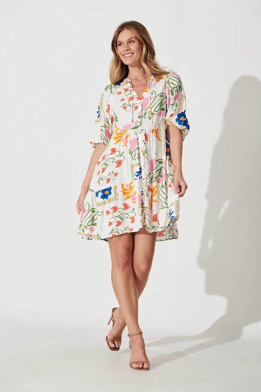 Emelyn Smock Dress In White With Bright Flowers