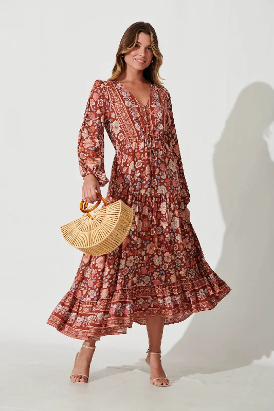 Financier Maxi Dress In Rust With Beige Boho Floral