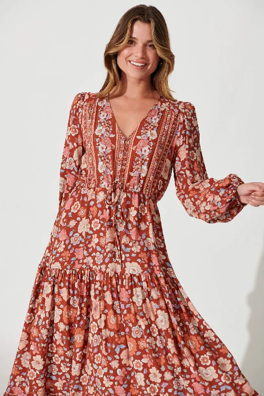 Financier Maxi Dress In Rust With Beige Boho Floral