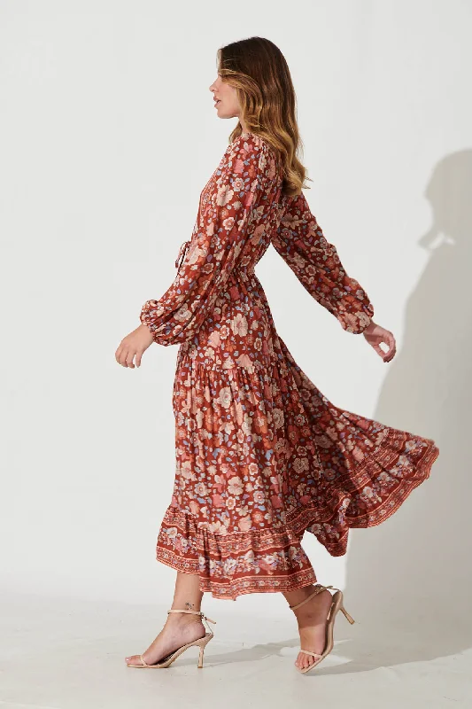 Financier Maxi Dress In Rust With Beige Boho Floral