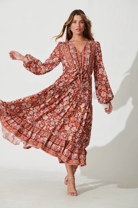 Financier Maxi Dress In Rust With Beige Boho Floral