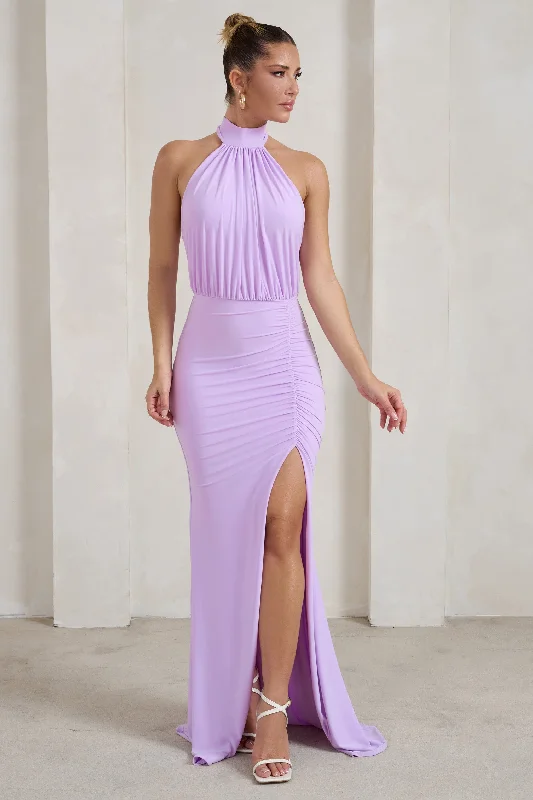 Forever Dreaming | Lilac Backless Halterneck Ruched Split Maxi Dress