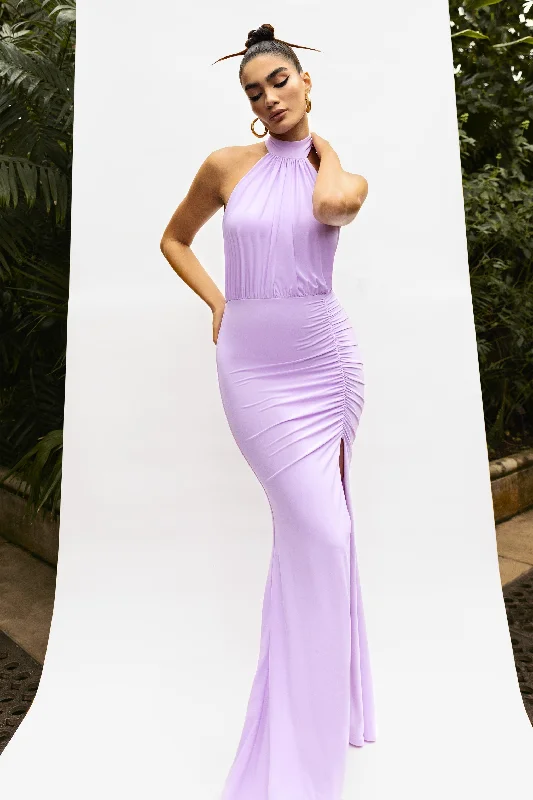 Forever Dreaming | Lilac Backless Halterneck Ruched Split Maxi Dress