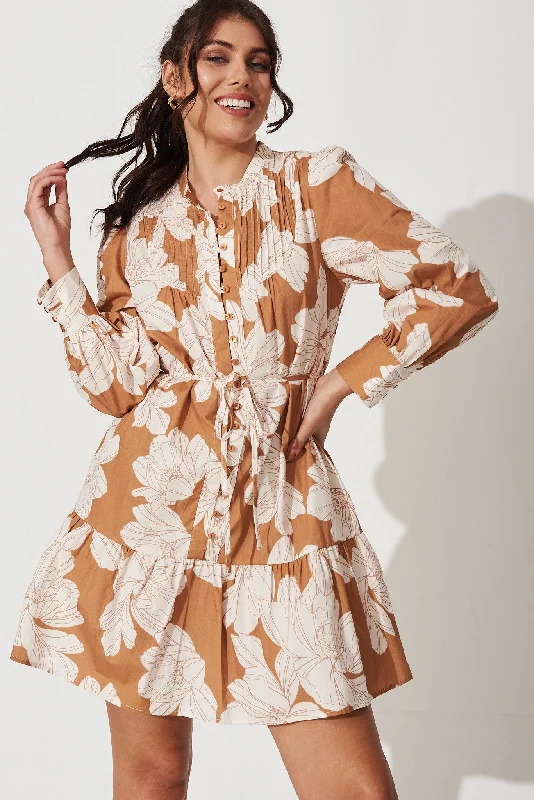 Gal Dress In Tan With White Floral Print Cotton