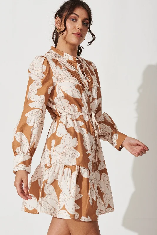 Gal Dress In Tan With White Floral Print Cotton