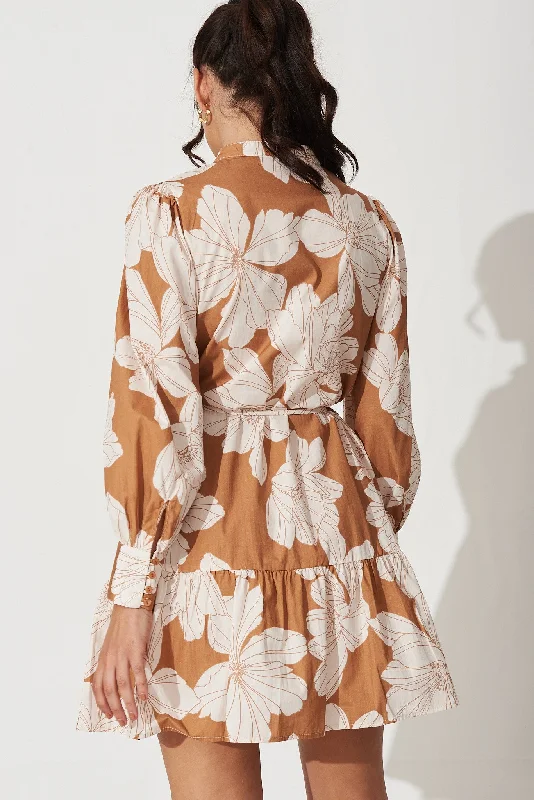 Gal Dress In Tan With White Floral Print Cotton