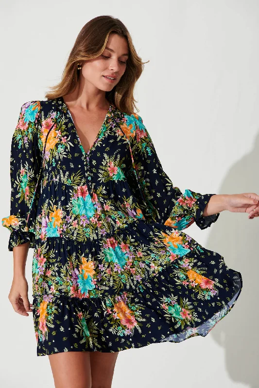 Gene Smock Dress In Navy With Multi Tropical Print