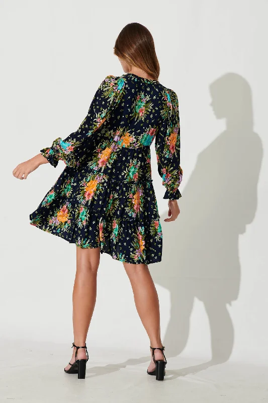 Gene Smock Dress In Navy With Multi Tropical Print