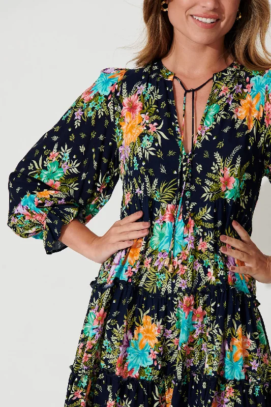 Gene Smock Dress In Navy With Multi Tropical Print