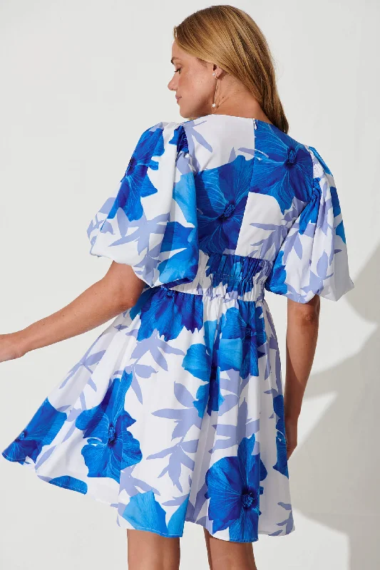 Geri Dress In White With Blue Flower Print