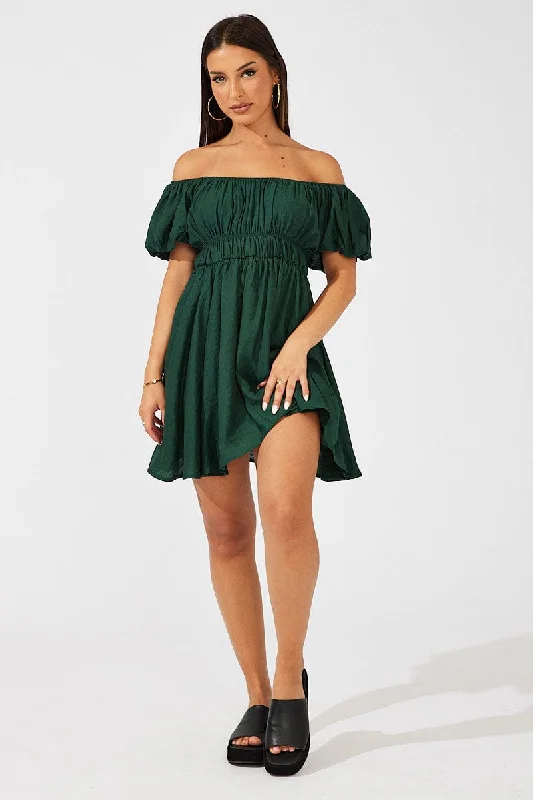 Green Fit and Flare Dress Short Sleeve Ruched