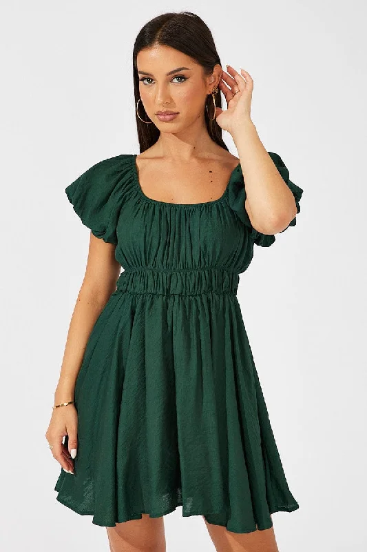 Green Fit and Flare Dress Short Sleeve Ruched