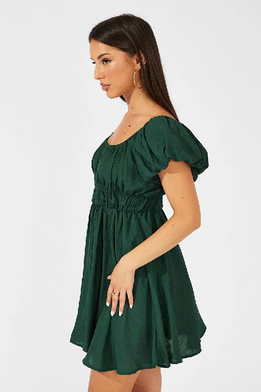 Green Fit and Flare Dress Short Sleeve Ruched