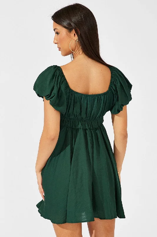 Green Fit and Flare Dress Short Sleeve Ruched