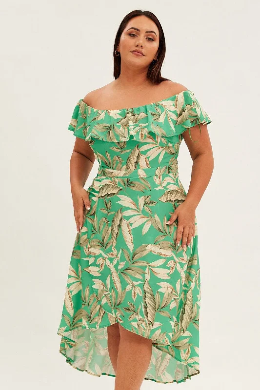 Green Floral Maxi Dress Off Shoulder Crepe