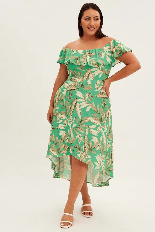 Green Floral Maxi Dress Off Shoulder Crepe