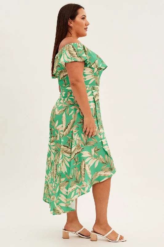 Green Floral Maxi Dress Off Shoulder Crepe