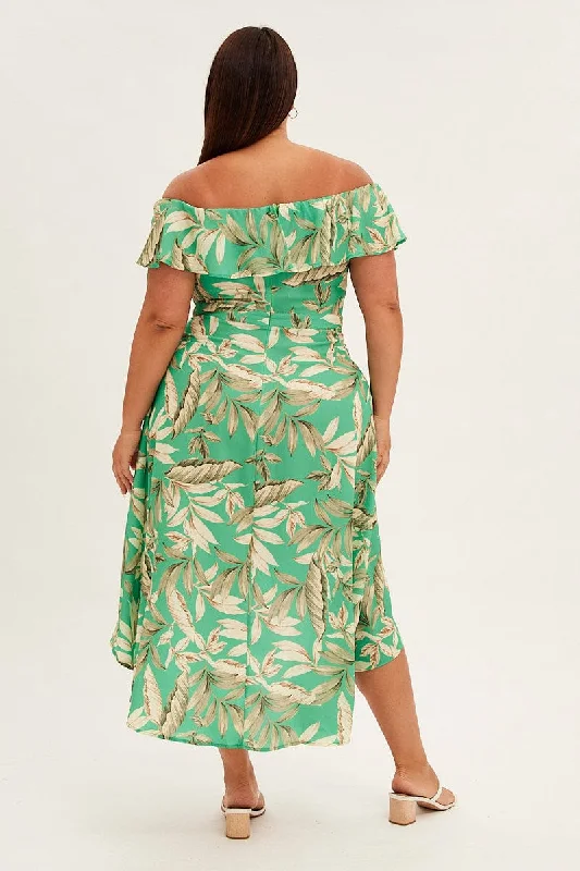 Green Floral Maxi Dress Off Shoulder Crepe