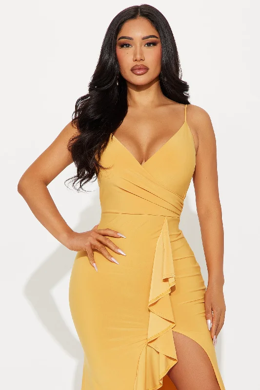 Hailey Ruffle Slit Gown - Mustard