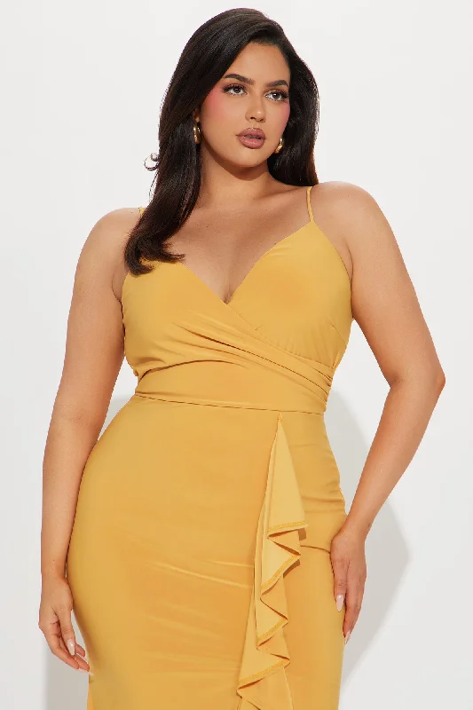 Hailey Ruffle Slit Gown - Mustard