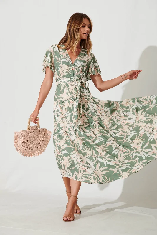 Heidi Maxi Dress In Green Leaf Print