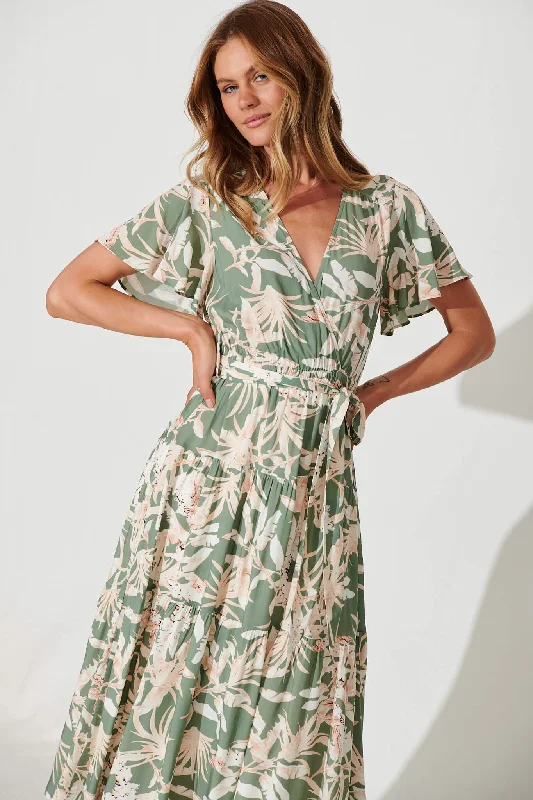 Heidi Maxi Dress In Green Leaf Print