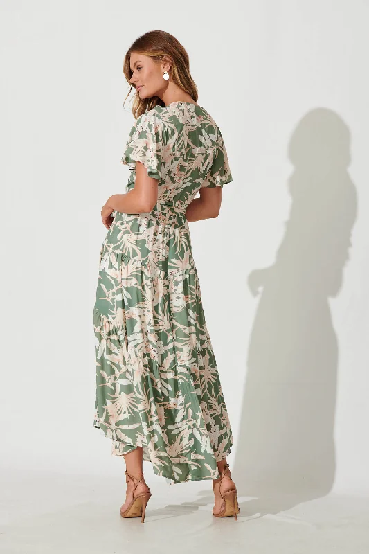 Heidi Maxi Dress In Green Leaf Print