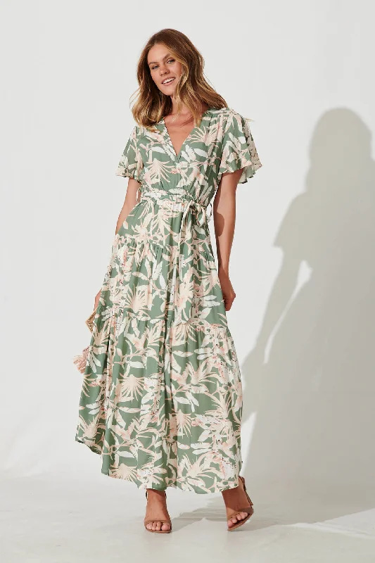 Heidi Maxi Dress In Green Leaf Print