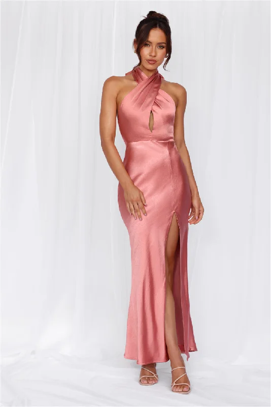 HELLO MOLLY The Adeline Halter Satin Maxi Dress Rose