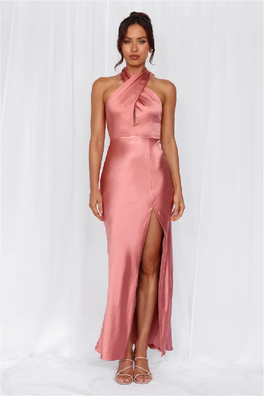 HELLO MOLLY The Adeline Halter Satin Maxi Dress Rose