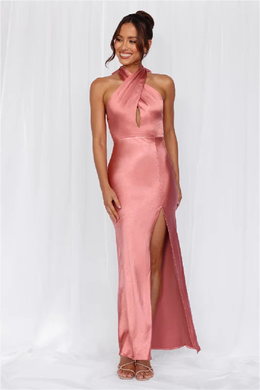 HELLO MOLLY The Adeline Halter Satin Maxi Dress Rose