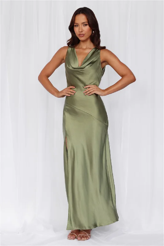 HELLO MOLLY The Loretta Cowl Satin Maxi Dress Olive