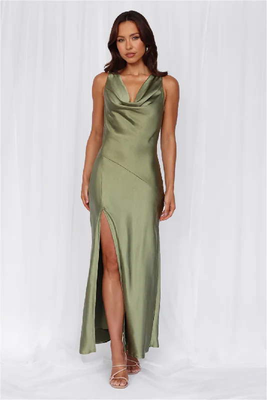 HELLO MOLLY The Loretta Cowl Satin Maxi Dress Olive