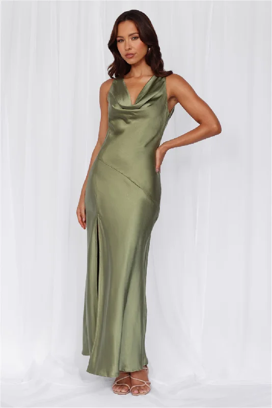 HELLO MOLLY The Loretta Cowl Satin Maxi Dress Olive