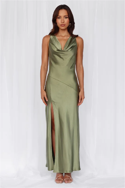 HELLO MOLLY The Loretta Cowl Satin Maxi Dress Olive