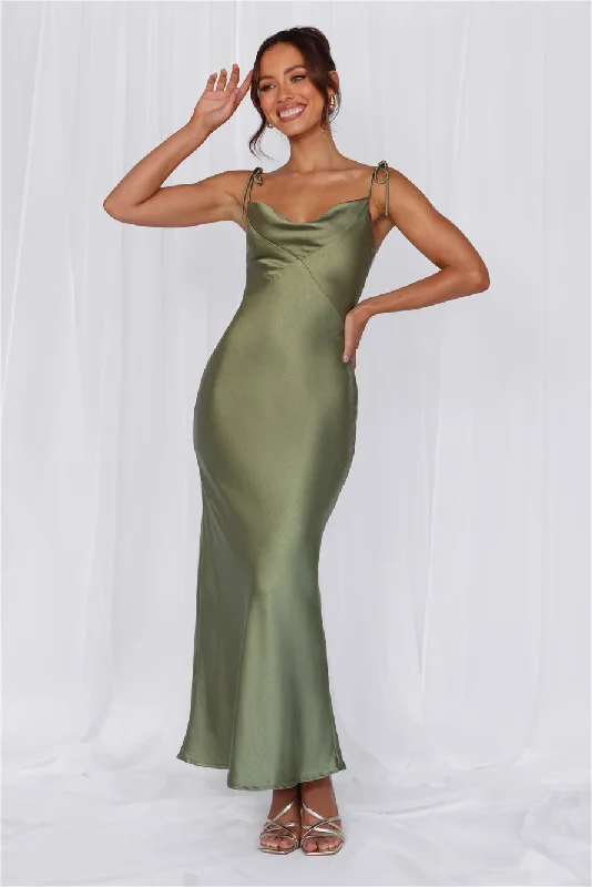 HELLO MOLLY The Penelope Cowl Satin Maxi Dress Olive