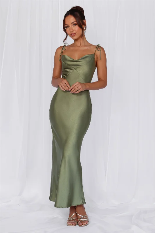 HELLO MOLLY The Penelope Cowl Satin Maxi Dress Olive