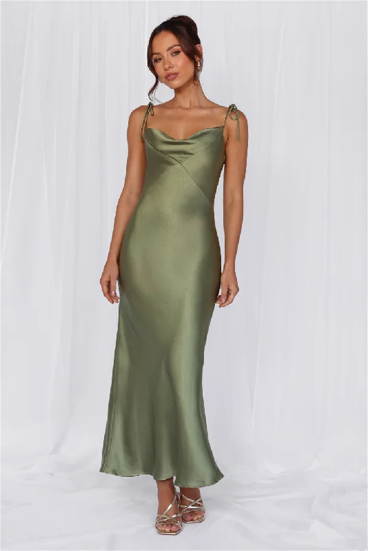 HELLO MOLLY The Penelope Cowl Satin Maxi Dress Olive