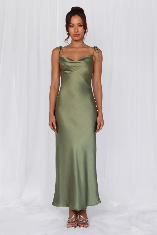 HELLO MOLLY The Penelope Cowl Satin Maxi Dress Olive