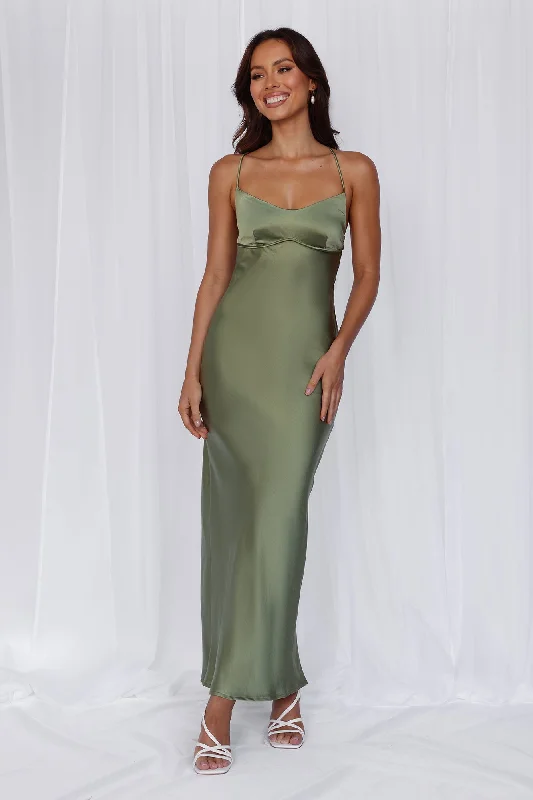 HELLO MOLLY The Samara Satin Maxi Dress Olive